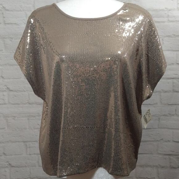 MO Trina Turk Gold Sparkle Sequin Flowy Fit Short Sleeve Blouse Top Shirt NWT XS - Picture 2 of 9